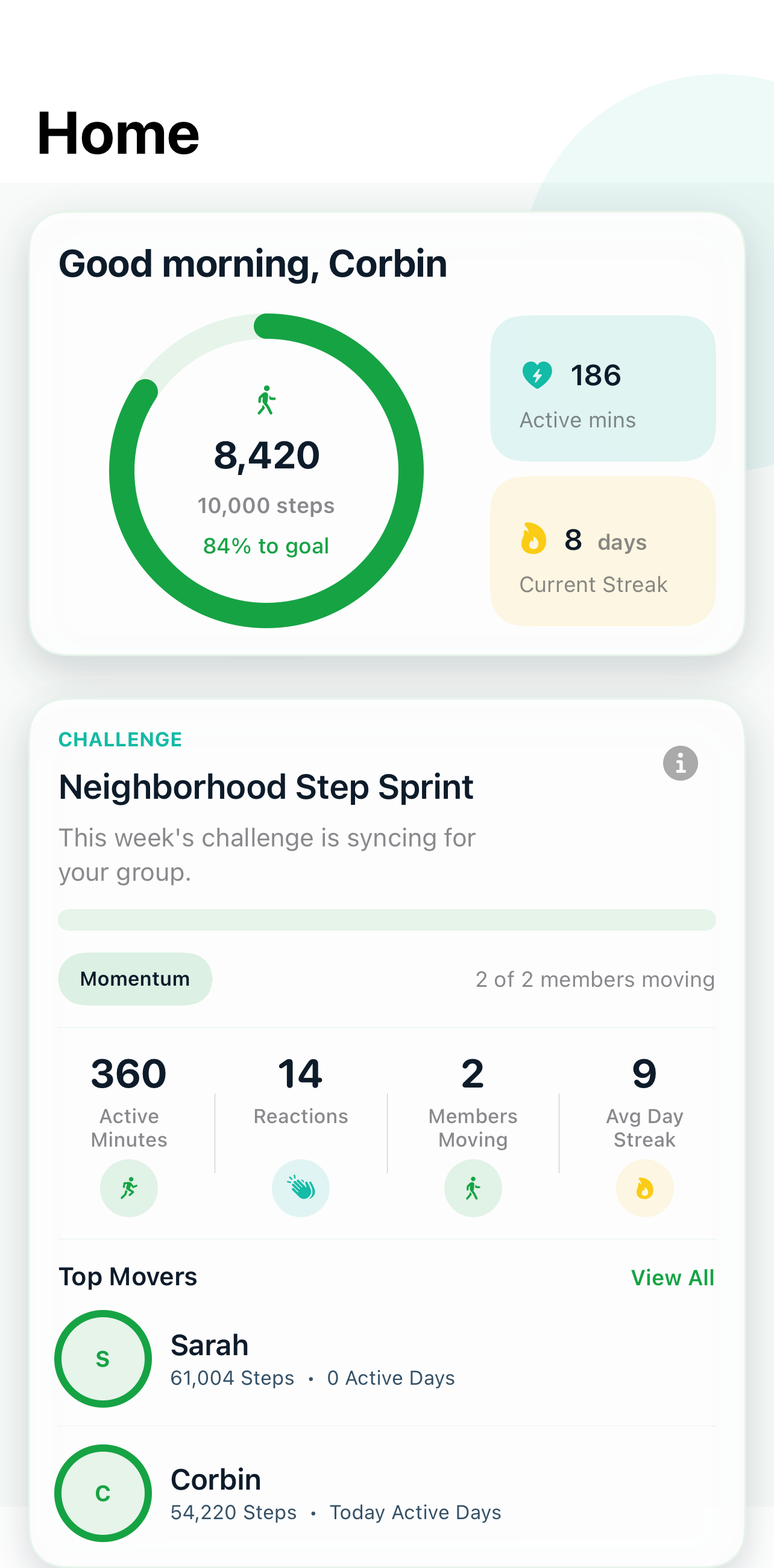 Sidewalkers home tab showing the step ring, challenge card, and group progress